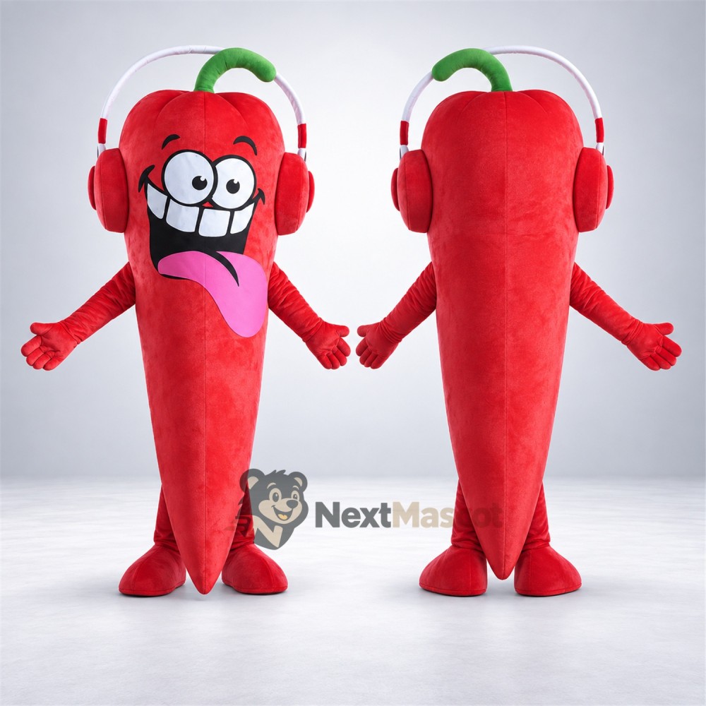 Chili Pepper Mascot Costume - Red, Headphones Chili Pepper Mascot Costume - Red, Headphones