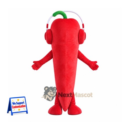 Chili Pepper Mascot Costume - Red, Headphones Chili Pepper Mascot Costume - Red, Headphones