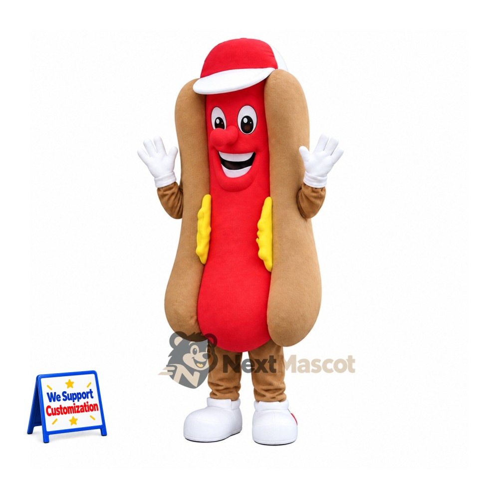 Hot Dog Mascot Costume - Red Cap and White Shoes for Food Festivals Hot Dog Mascot Costume - Red Cap and White Shoes for Food Festivals