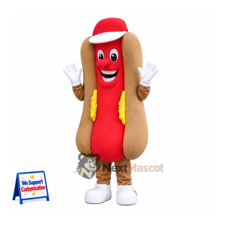 Hot Dog Mascot Costume - Red Cap and White Shoes for Food Festivals Hot Dog Mascot Costume - Red Cap and White Shoes for Food Festivals
