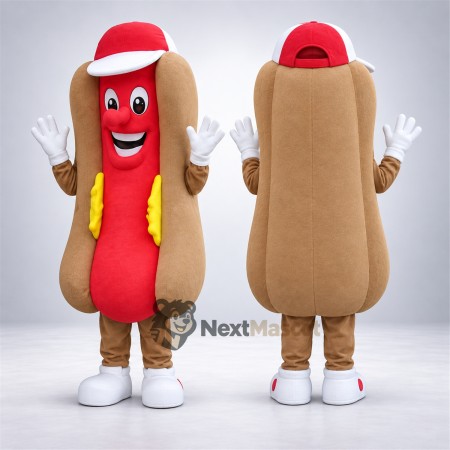 Hot Dog Mascot Costume - Red Cap and White Shoes for Food Festivals Hot Dog Mascot Costume - Red Cap and White Shoes for Food Festivals