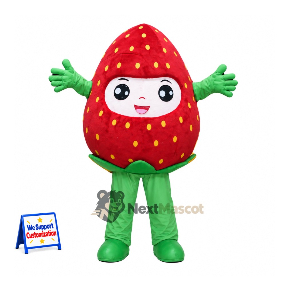 Strawberry Mascot Costume - Human Face and Green Legs for Food Fairs Strawberry Mascot Costume - Human Face and Green Legs for Food Fairs