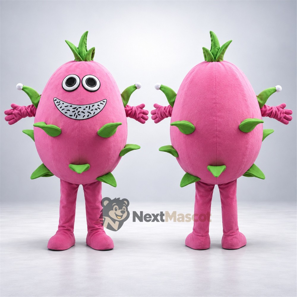 Dragon Fruit Mascot Costume - Pink, Wide Grin for Food Fairs Dragon Fruit Mascot Costume - Pink, Wide Grin for Food Fairs