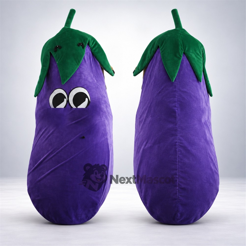 Eggplant Mascot Costume - Purple, Green Leaf Collar for Food Festivals Eggplant Mascot Costume - Purple, Green Leaf Collar for Food Festivals